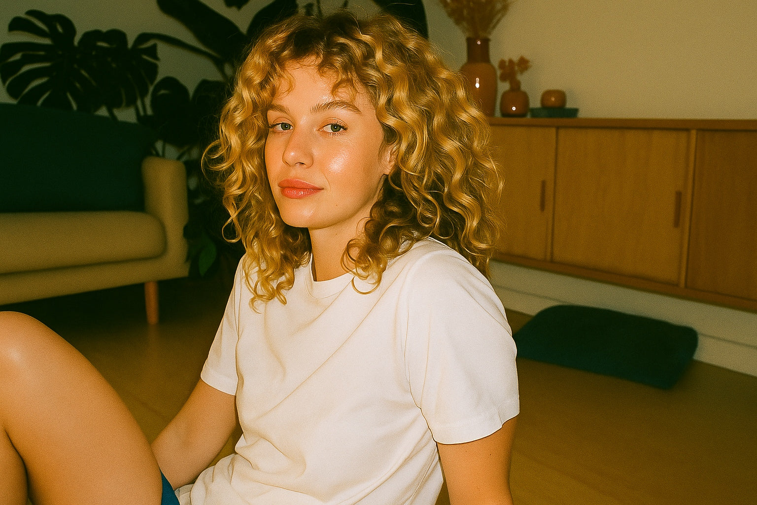 Woman with curly hair sitting on a wooden floor in a room with a couch and cabinets.